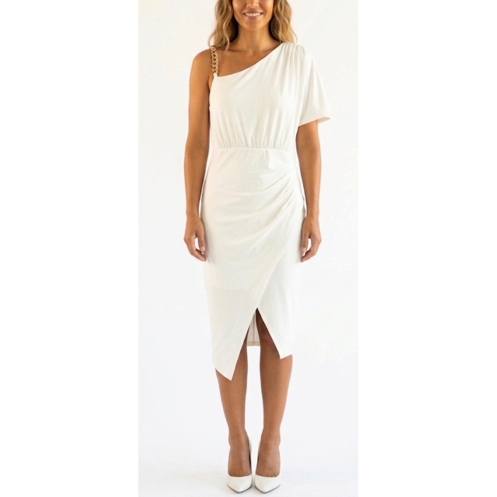 GUESS Ivory One Shoulder Chain Strap Ruched Wrap Midi Dress‎ Size 8 NEW